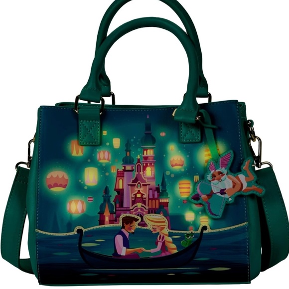 Loungefly Disney Tangled Princess Castle Crossbody Bag  Loungefly Green Tangled Castle Crossbody Purse